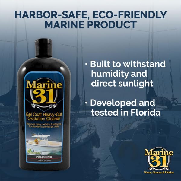 Finished gel coat with Marine 31 cleaner delivering a glossy, ready-for-wax surface