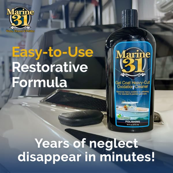 Hand application of Marine 31 gel coat cleaner on dull gel coat surface