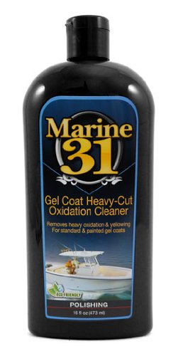 Marine 31 Heavy-Cut Gel Coat Oxidation Cleaner bottle showing product and label benefits