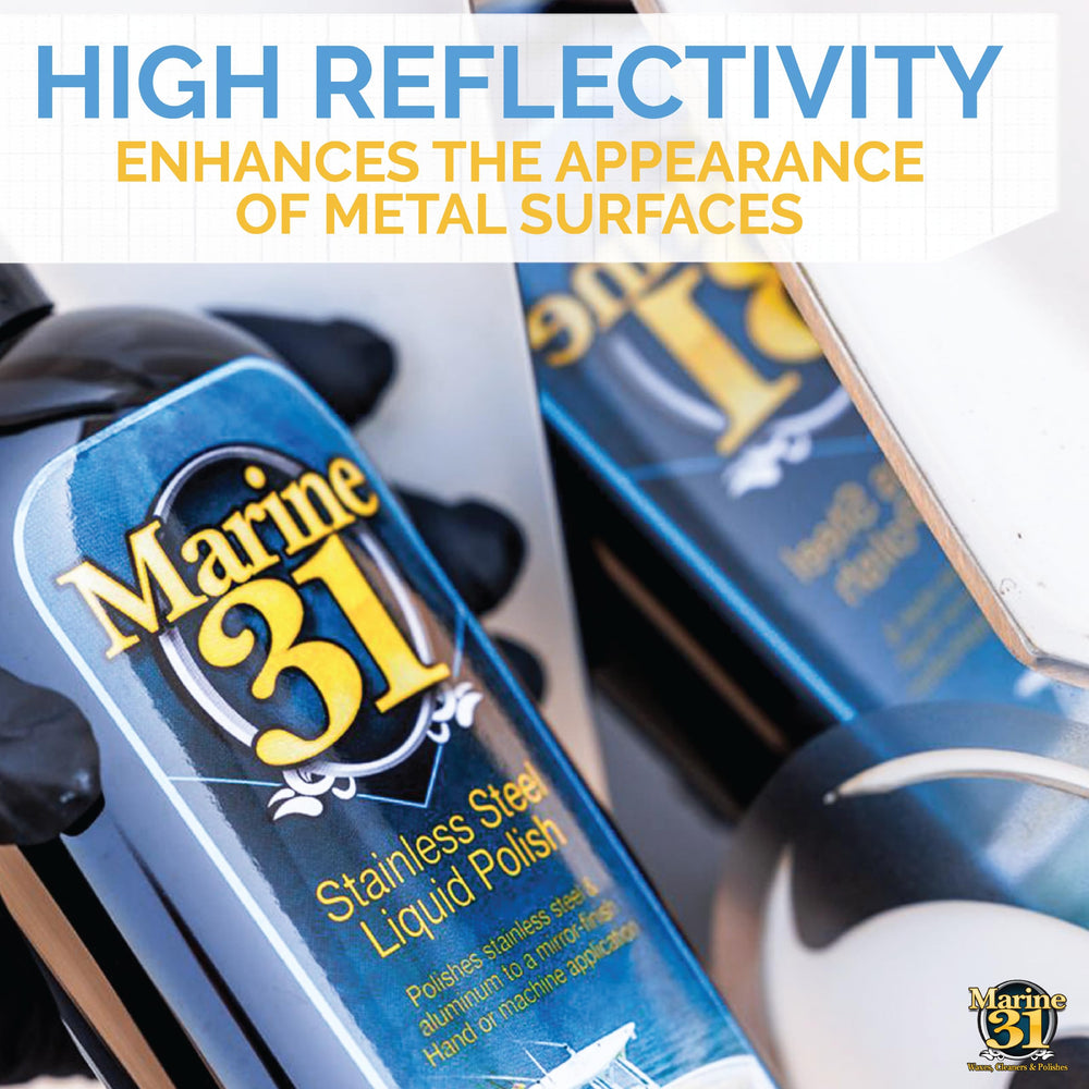 Marine 31 stainless steel liquid polish after-shine closeup shows a mirror-like finish.