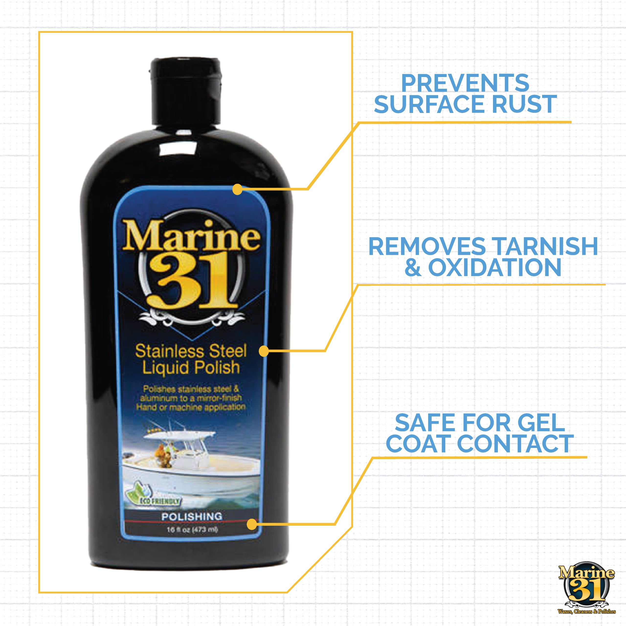 Marine 31 stainless steel liquid polish apply closeup demonstrating easy application.