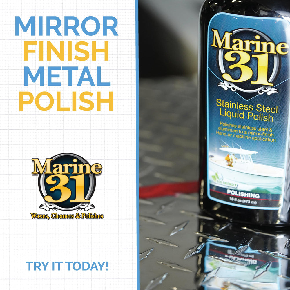Marine 31 stainless steel liquid polish bottle back view highlights easy-to-use packaging.