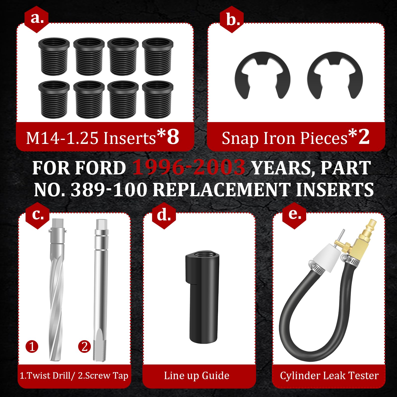 Marketty 38900 inserts-8-pack highlights eight hardened M14-1.25 inserts for thread repair on Ford engines.