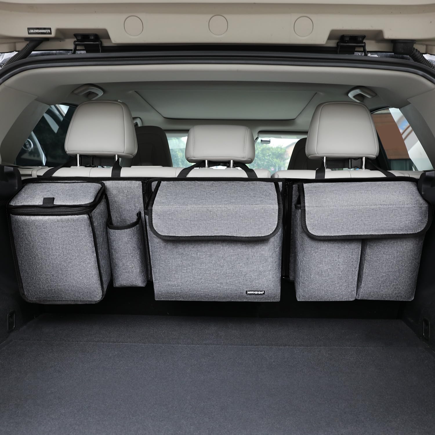 MARKSIGN Deluxe trunk organizer hanging from back seats for SUV storage and accessibility