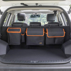 MARKSIGN Deluxe trunk organizer installed behind the backseat for quick access.