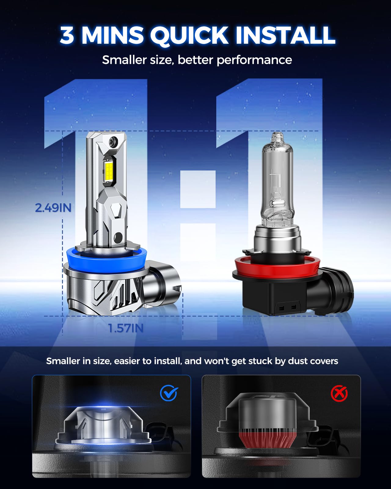 Marsauto H11/H9/H8 with compact driver on display demonstrates easy, trouble-free installation.