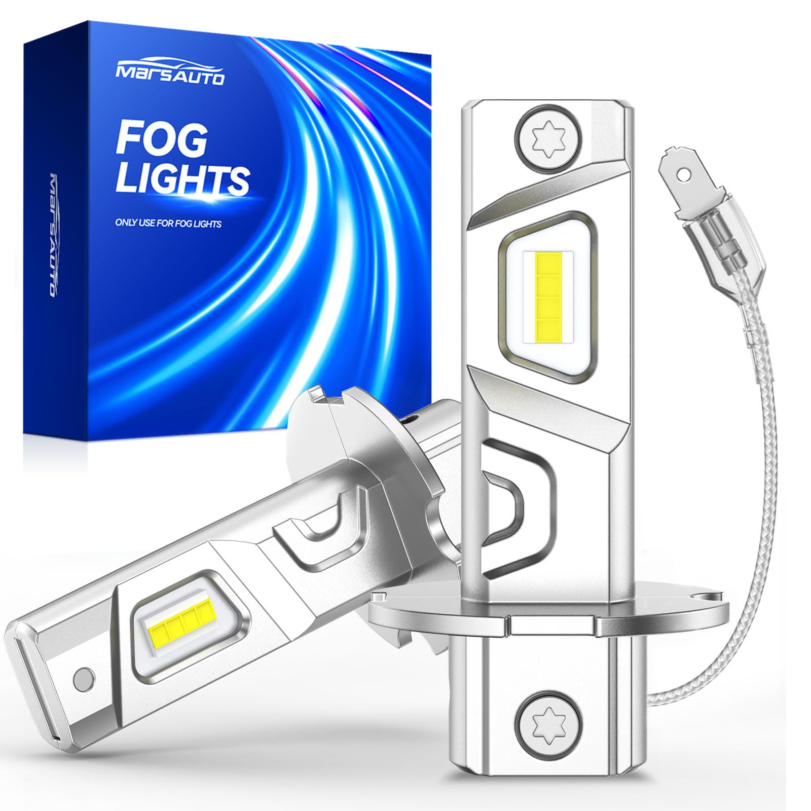 Marsauto H3 LED fog light assembly showing plug-and-play fit for quick upgrade.