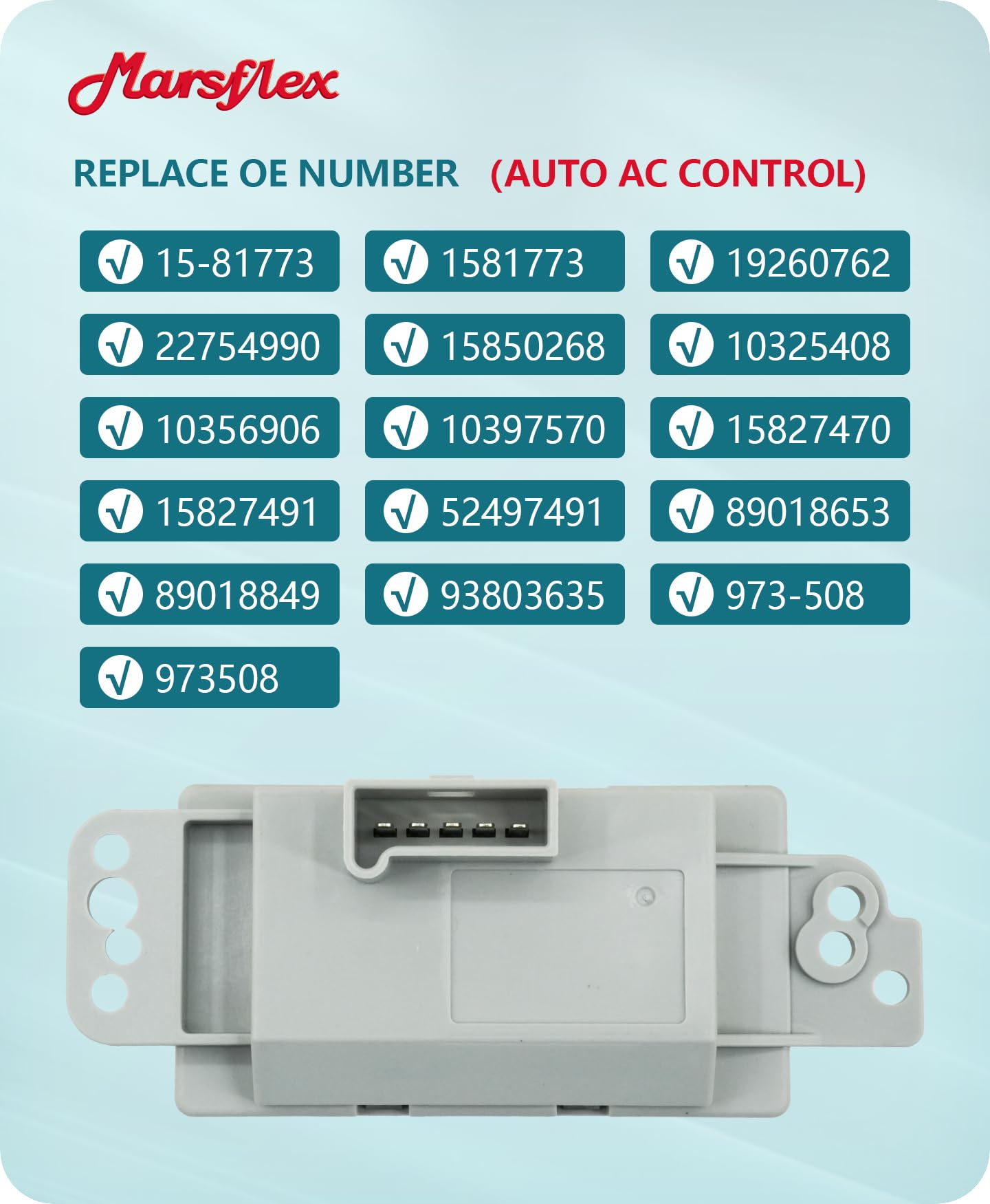 Marsflex blower resistor label references OE numbers to ensure correct compatibility.