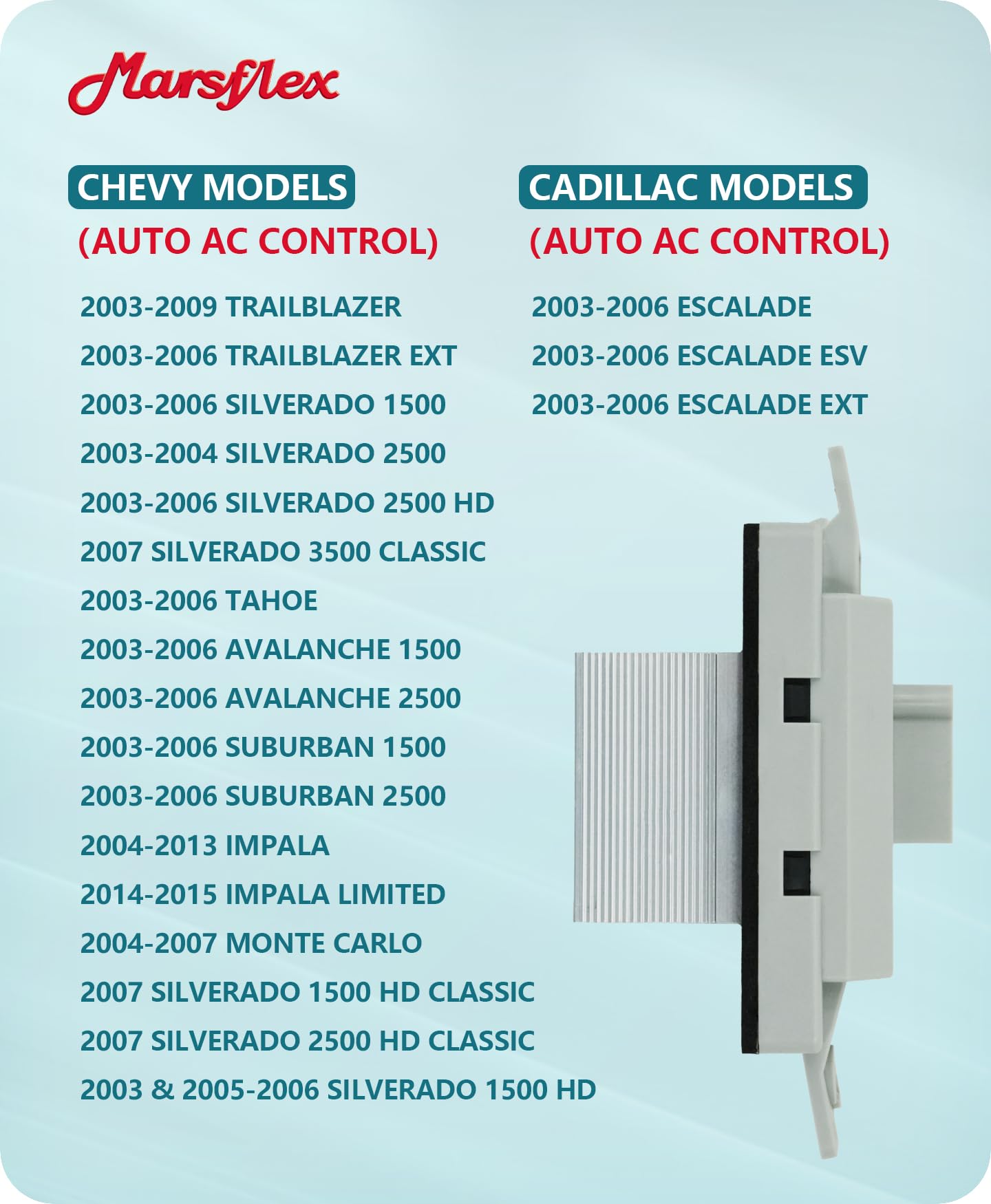Marsflex blower resistor pin layout detail supports accurate replacement and fan control.