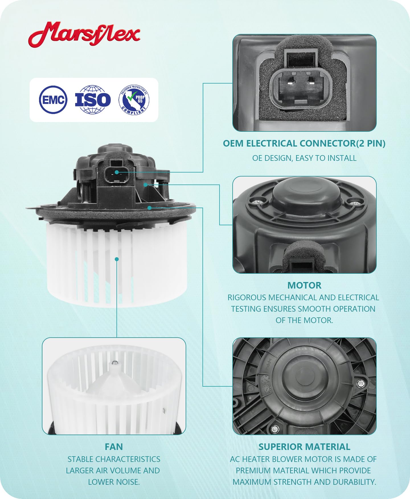 Marsflex Front Blower Motor 22741027 wiring connector ensures secure electrical connection.