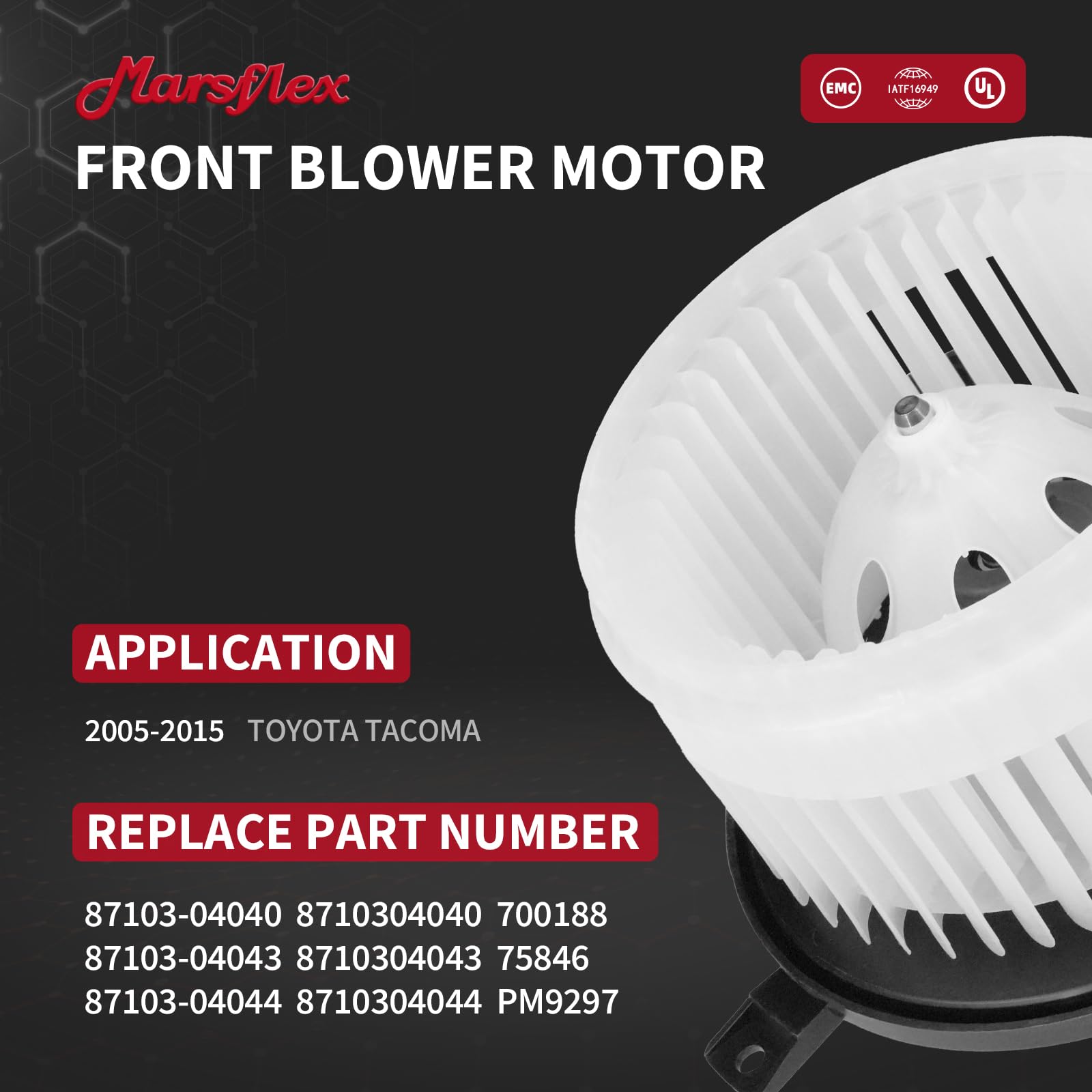 Marsflex front blower motor 700188 OE-number label for compatibility reference.