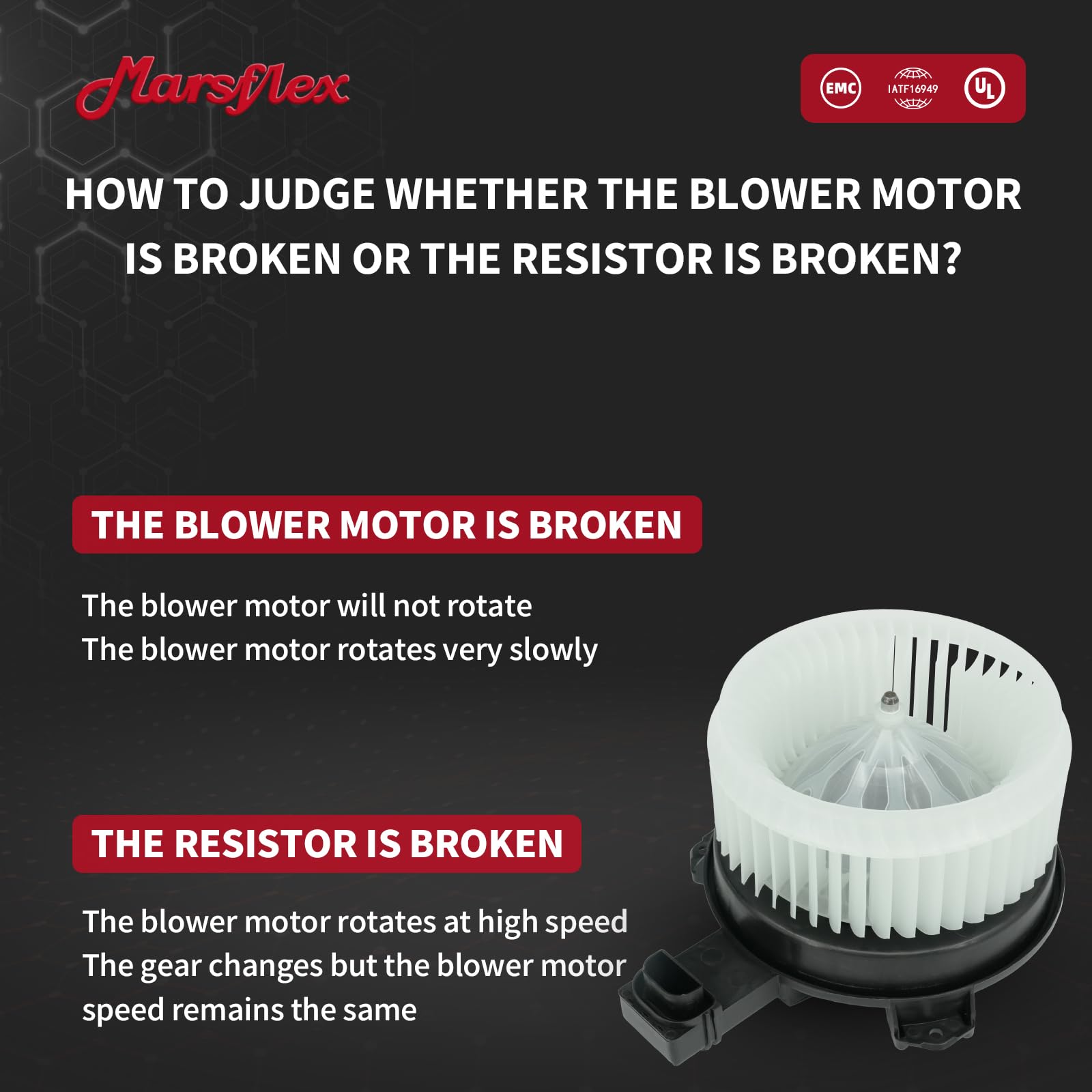 Marsflex blower motor label with OE numbers for quick verification.