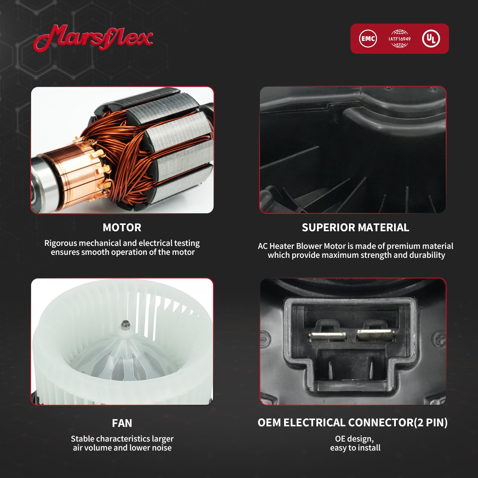 Marsflex blower motor in packaging highlights safe, protected shipping.
