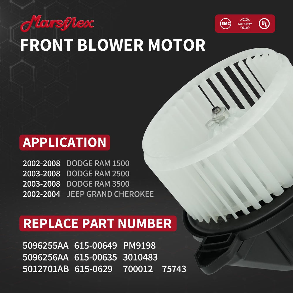 Marsflex front blower motor side view highlights compact profile for easy installation