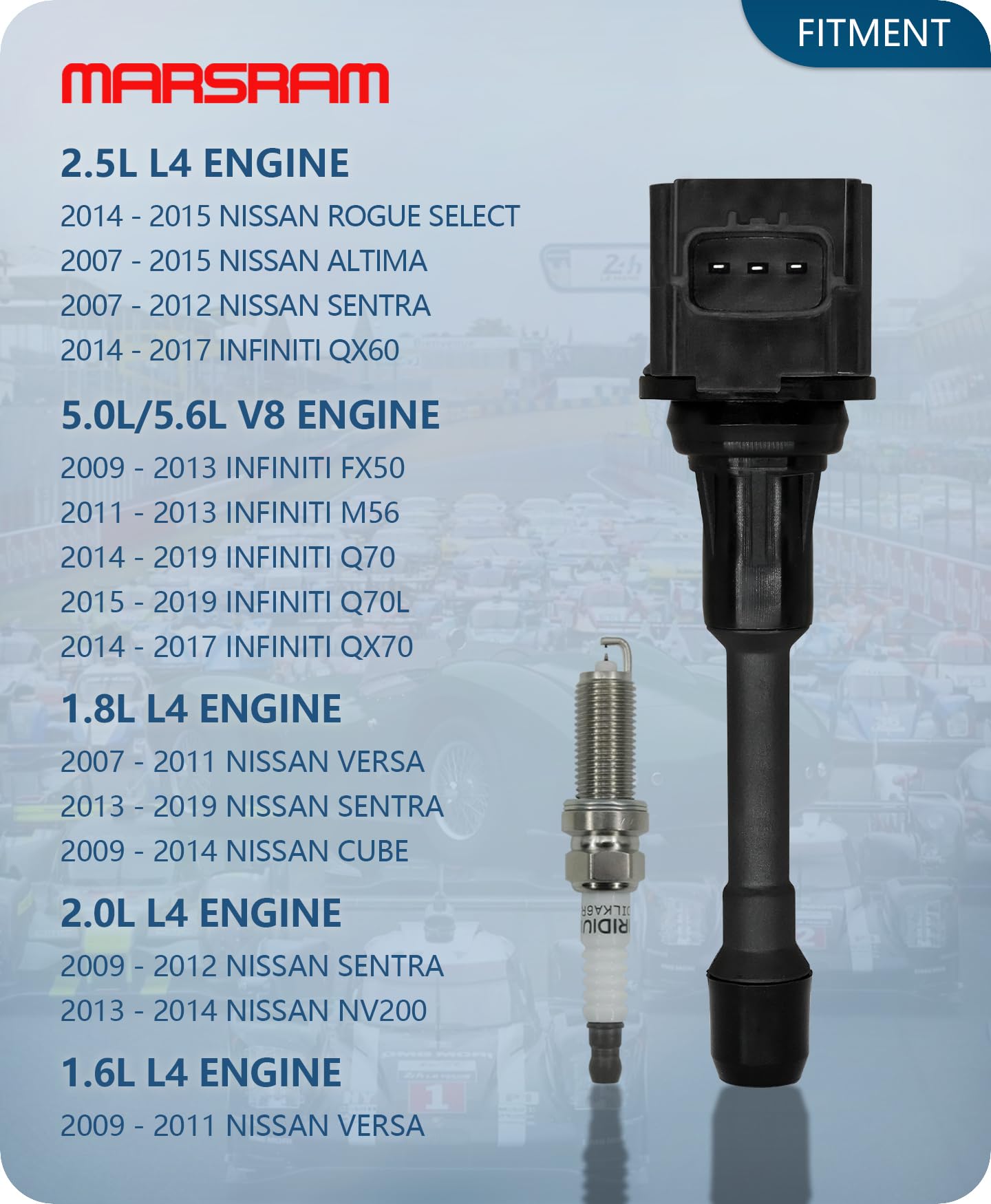 Marsram 9029 spark plug closeup showing iridium design for durable performance.
