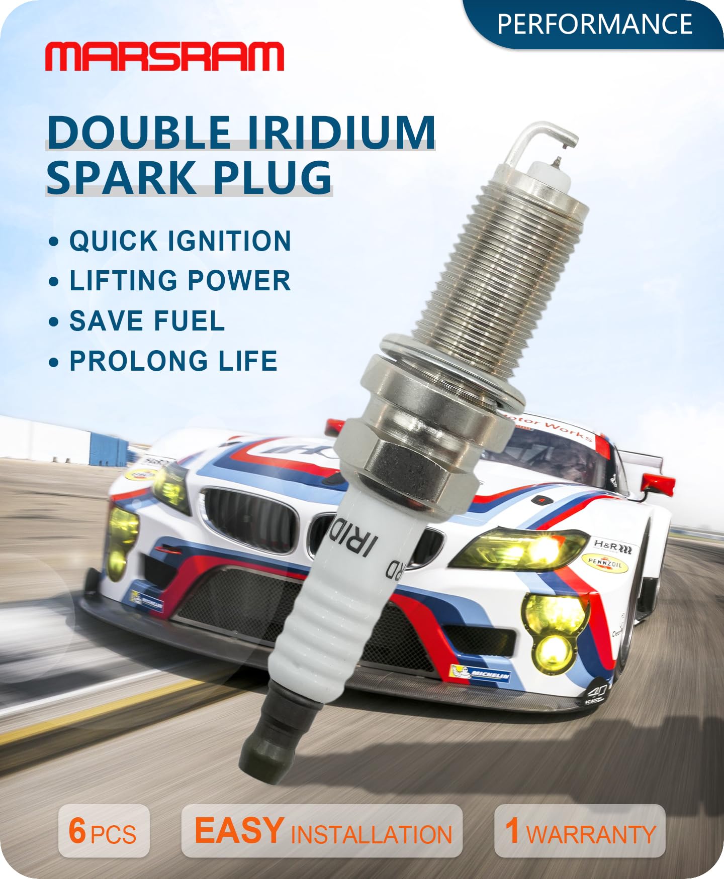 Marsram spark plug insulator detail showing high-performance construction.