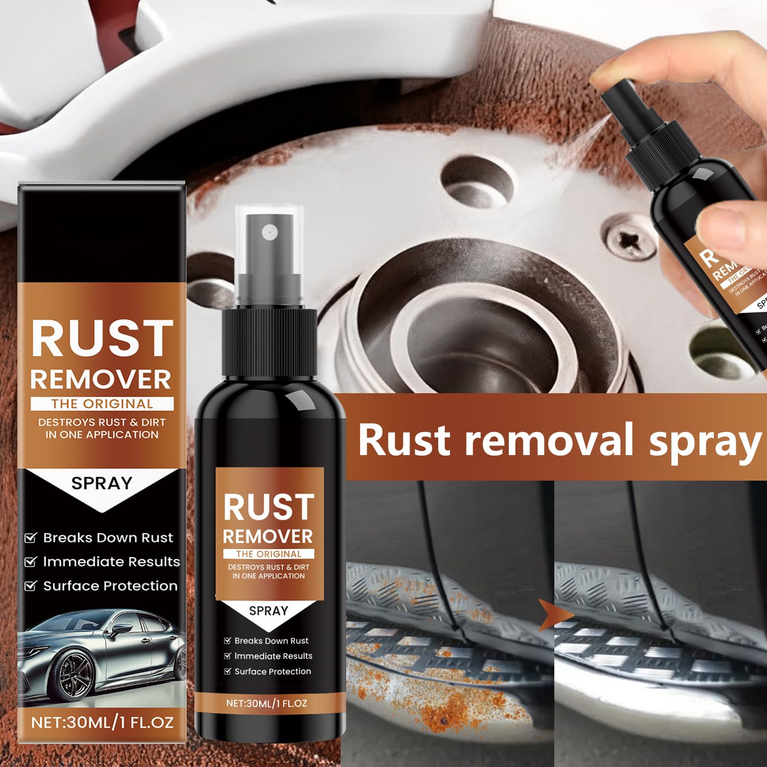 Marveher Rust Remover Spray in action dissolves rust on metal surfaces.