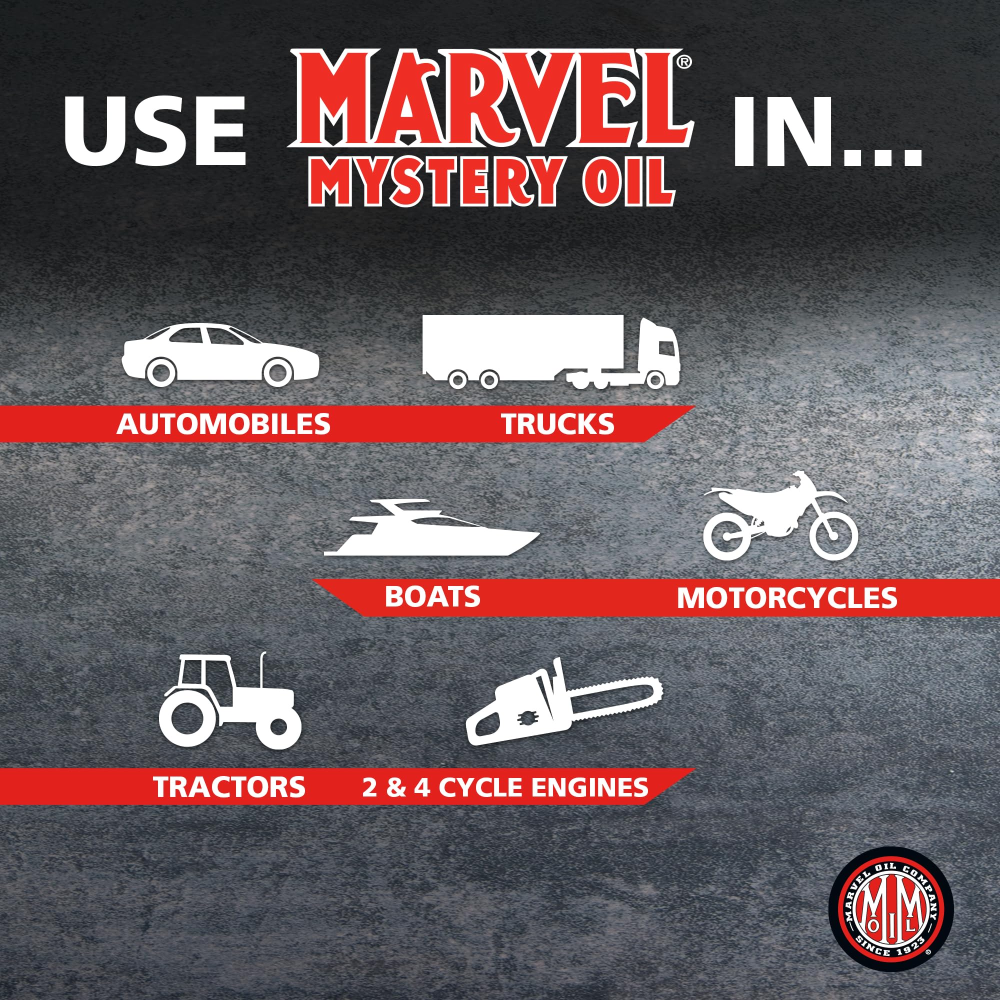 Marvel Mystery Oil fuel system cleaner highlighting carburetor and injector cleaning benefits.