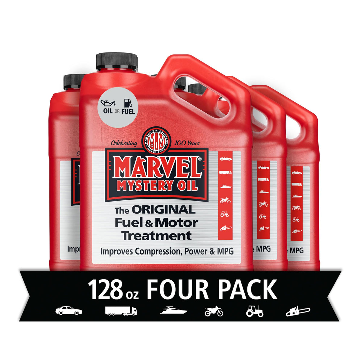Marvel Mystery Oil bottle pour shows engine protection and deposit removal.