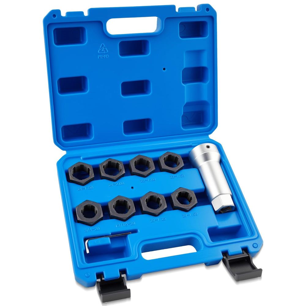 Marvelity axle spindle thread chaser set close-up with 8 dies for precise repairs