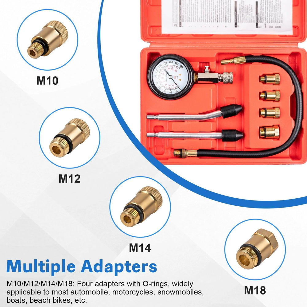 Marvelity adapters M10-M18 cover most spark plug depths for versatile testing.