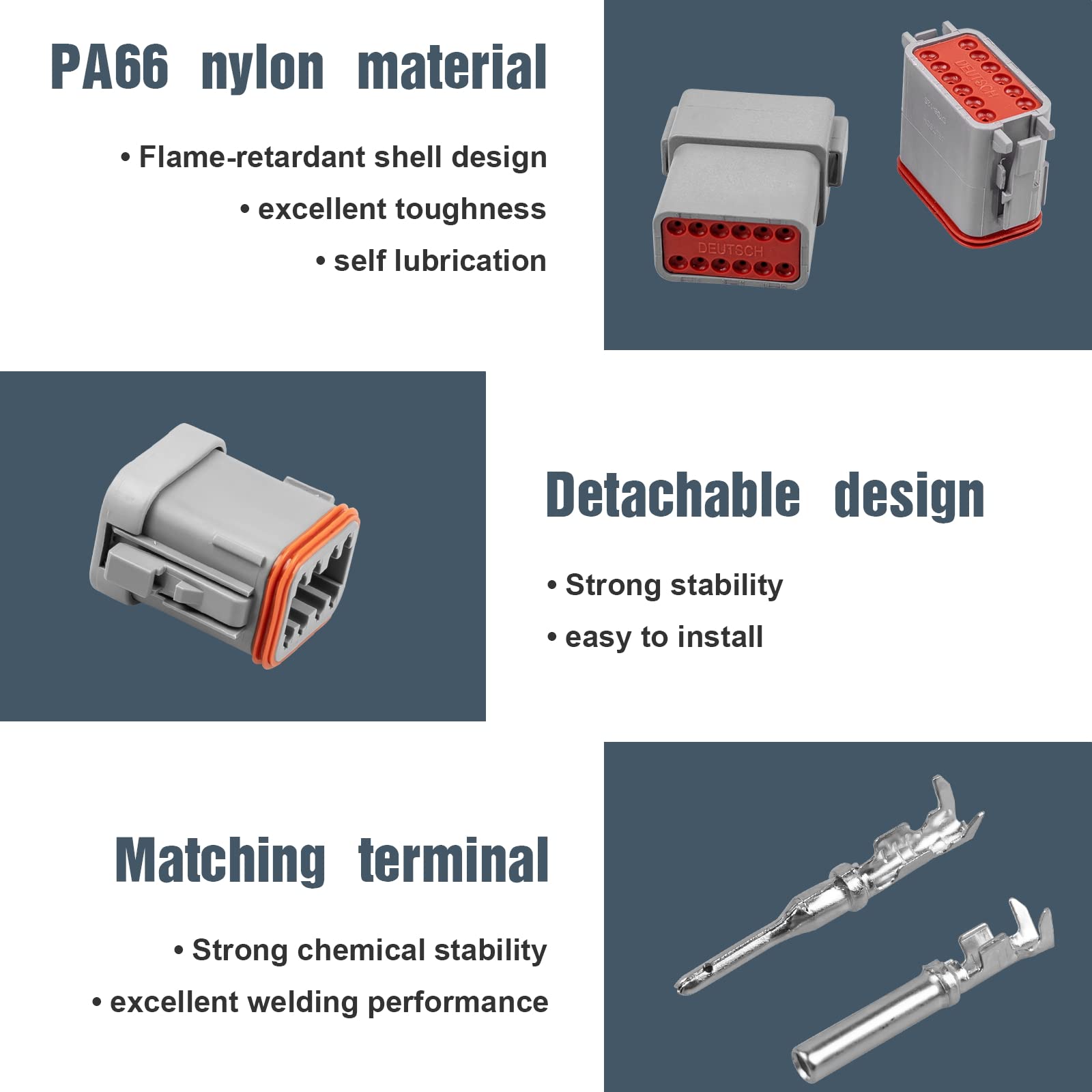 Terminals and crimping action inside the Marvelity Deutsch DT kit.