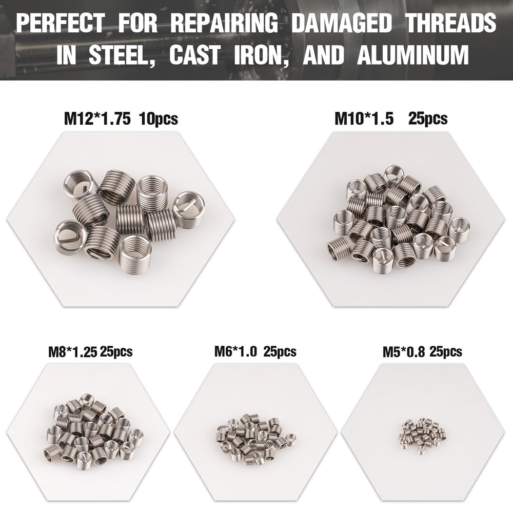 Marvelity Premium 131-Piece Kit thread taps ready to rethread damaged threads.