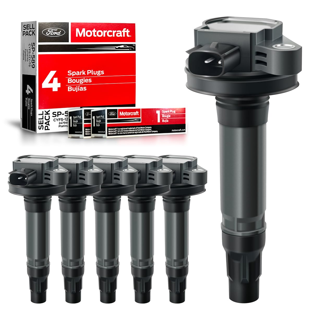 MAS ignition coils 6-pack visual for reliable ignition in compatible Ford/Lincoln V6 engines.
