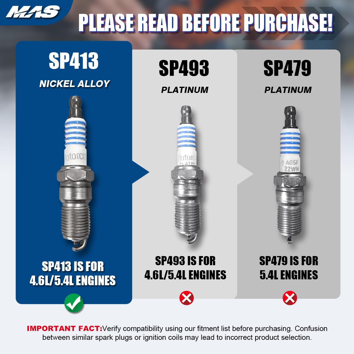 MAS spark plugs SP413 Motorcraft visual highlights OEM-style quality and fit