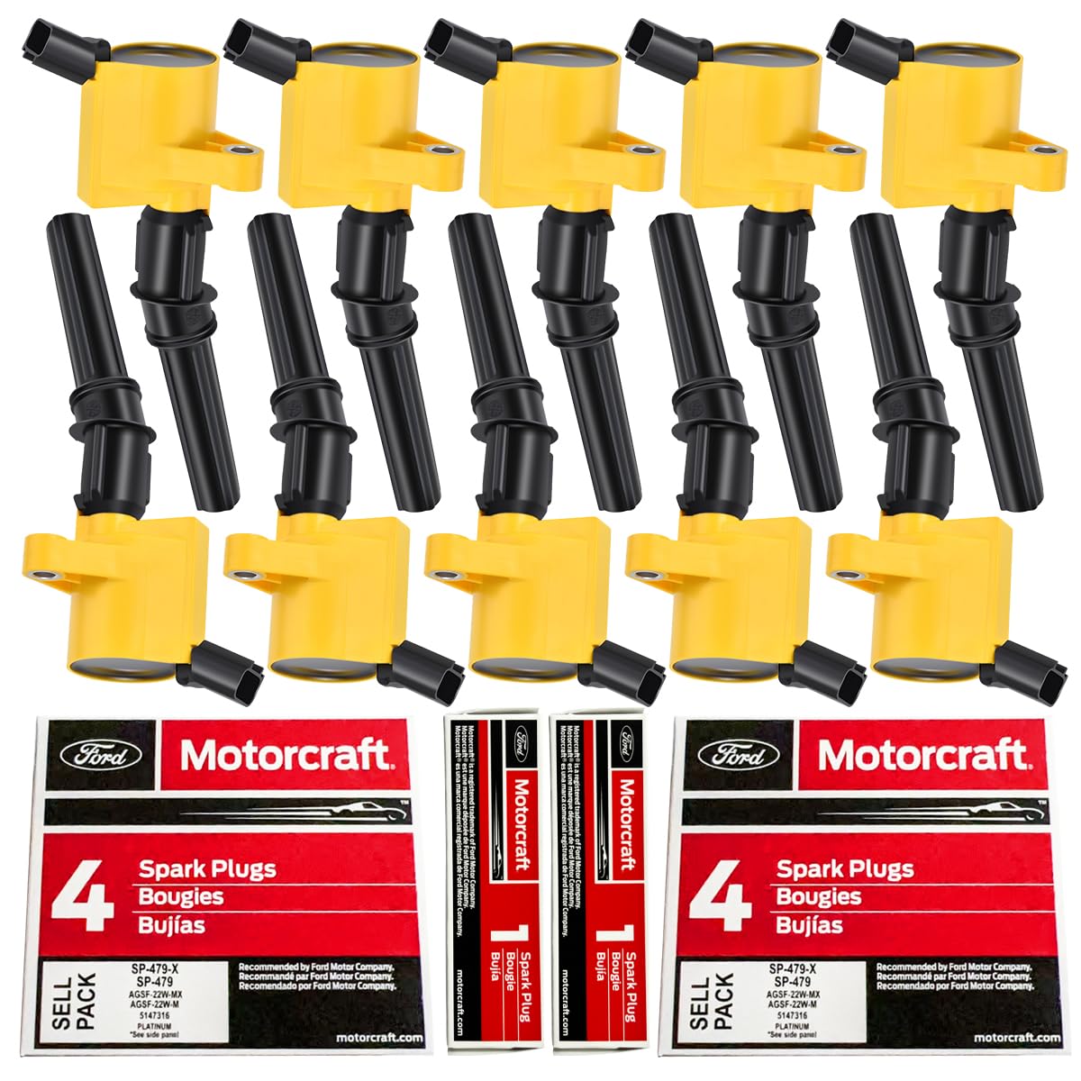 MAS Yellow ignition coil DG508 closeup with curved boot design for Ford/Lincoln replacement