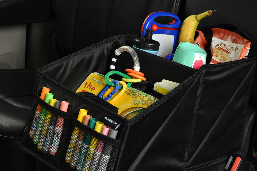 Masirs Back Seat Car Organizer sits flat between seats for versatility.
