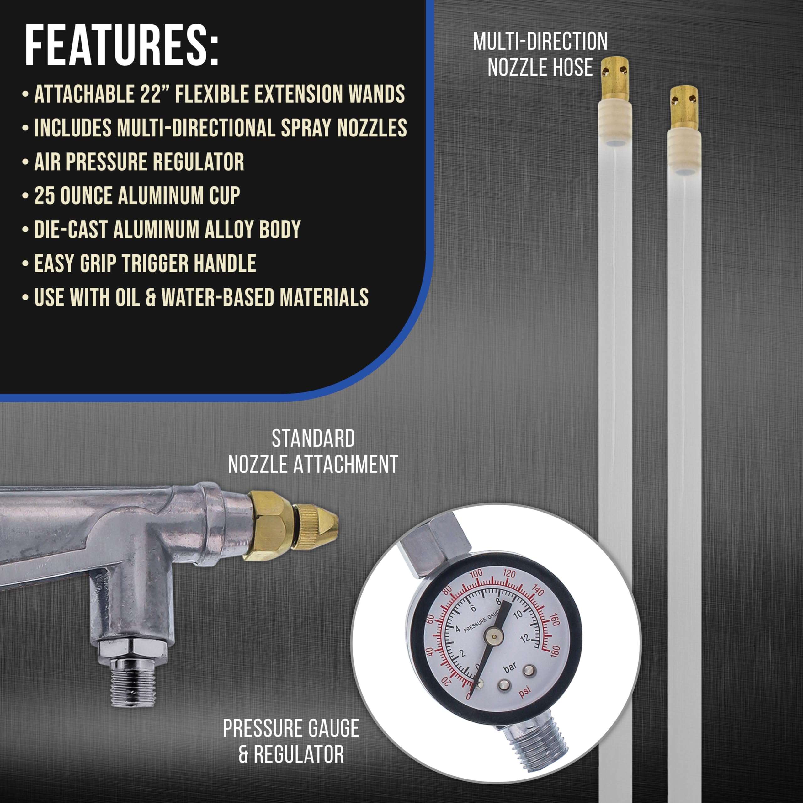 Regulator gauge enables precise air pressure for varying coatings.