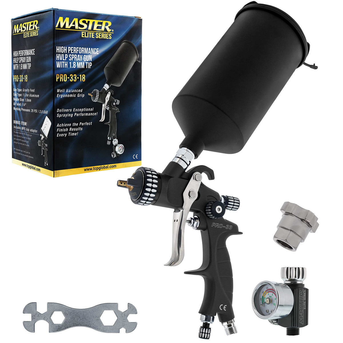 Master Airbrush PRO-33 HVLP spray gun close-up for smooth basecoat application