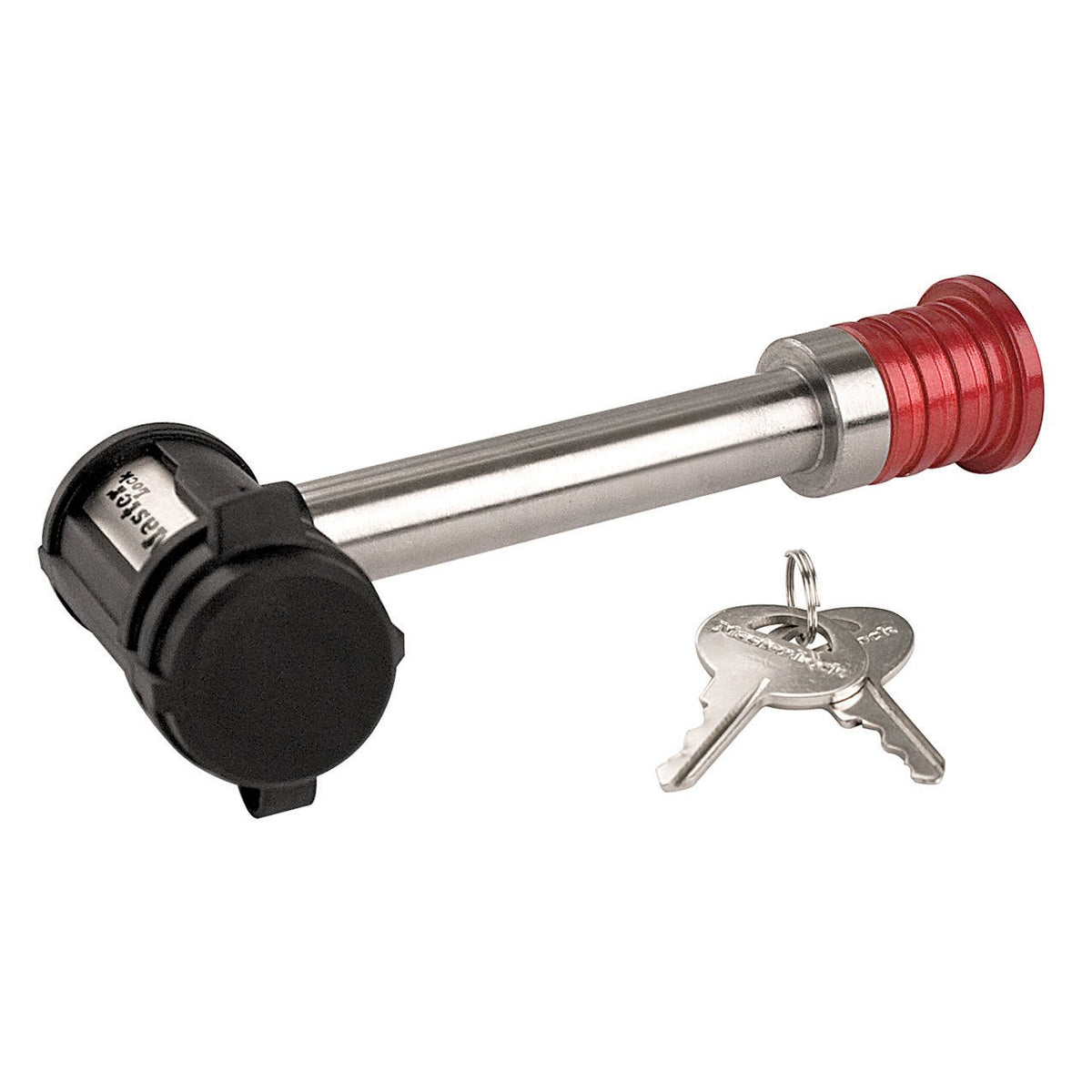 Master Lock silver and red receiver lock on hitch secures trailers and deters theft.