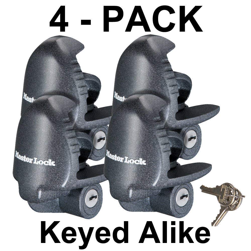 Master Lock universal trailer coupler lock shown on a trailer coupler for tow-away protection