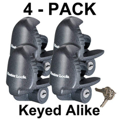 Master Lock universal trailer coupler lock shown on a trailer coupler for tow-away protection
