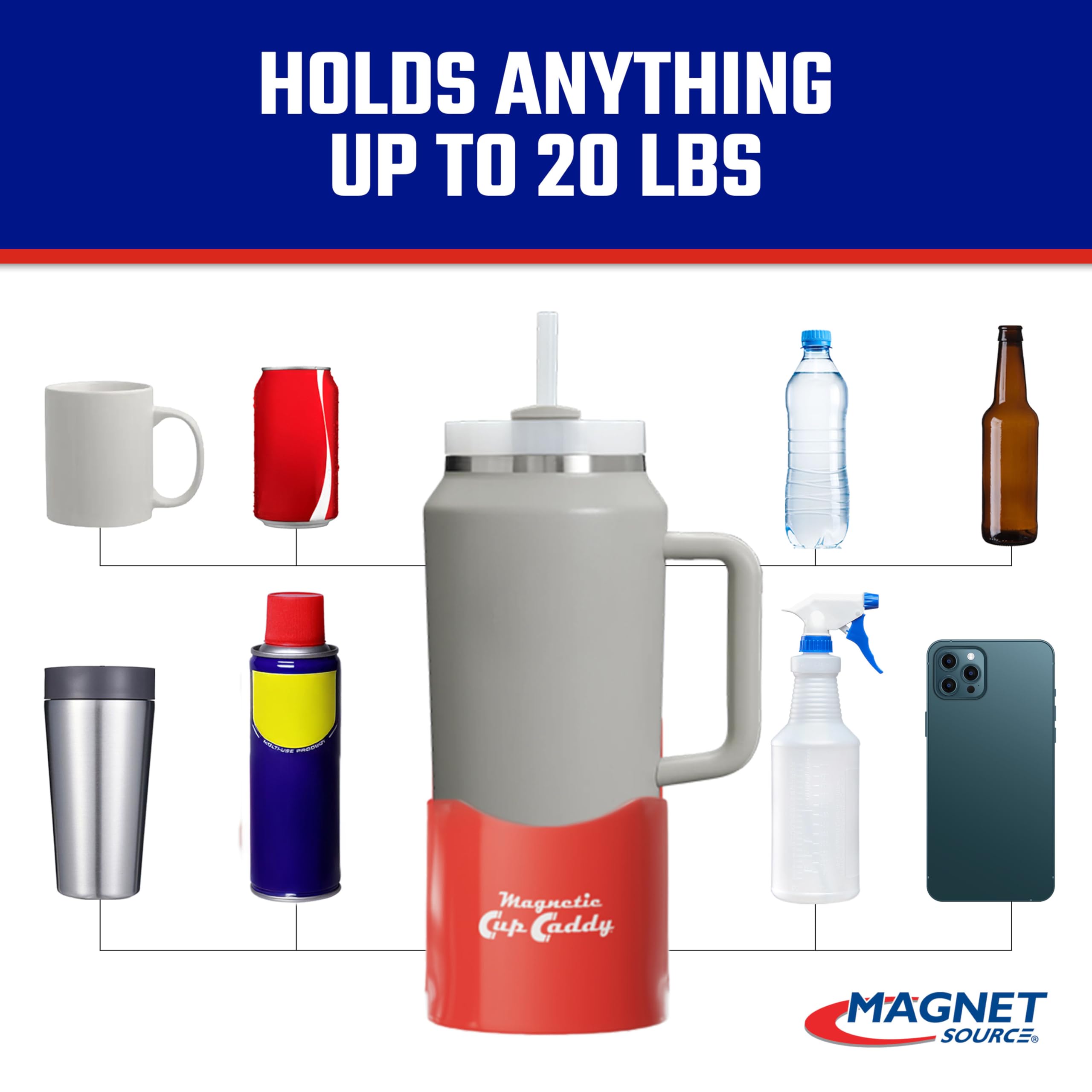 Master Magnetics magnetic cup caddy saves space by organizing drinks and tools.