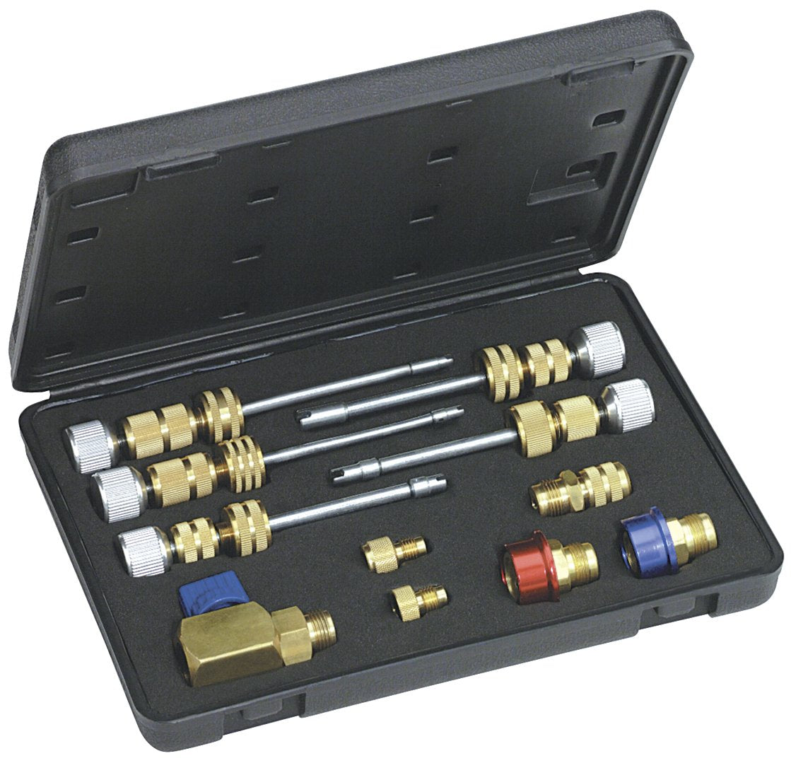 Mastercool 58490 valve-core remover installer kit enables under-pressure service on R134a systems.
