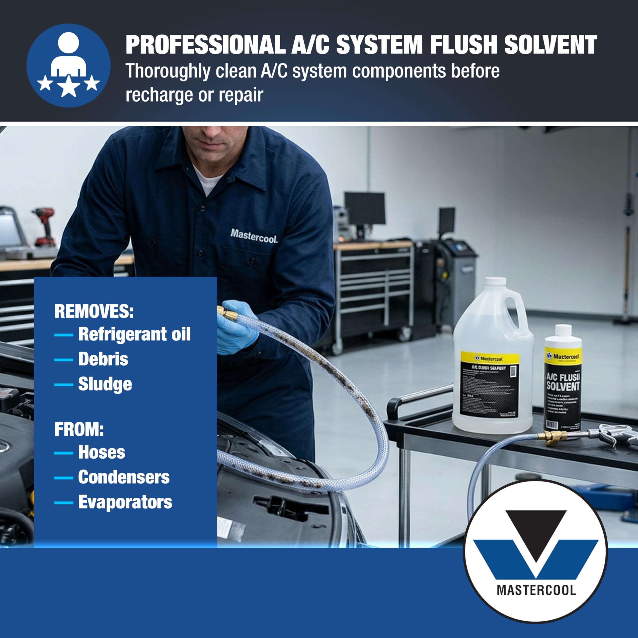 Mastercool 91049 bottle pour showing fast-evaporating solvent use
