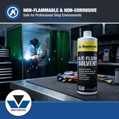 Mastercool 91049 bottle label closeup highlighting refrigerant compatibility