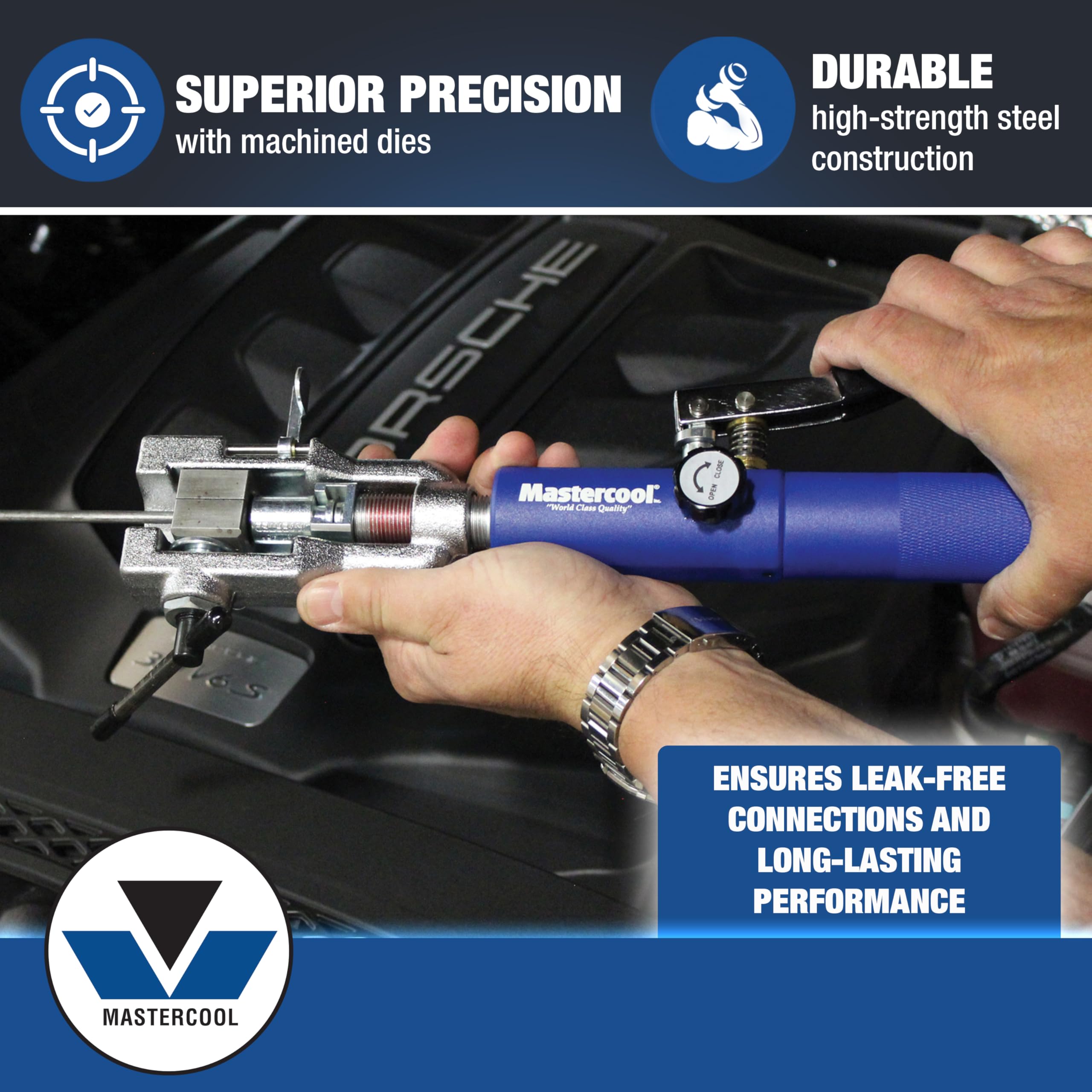 Mastercool high-strength dies produce accurate, leak-free flare connections.