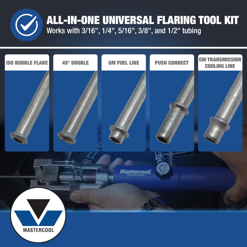 Mastercool hydraulic ram in use supports effortless, repeatable flares.