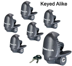 Master Lock 379KA-6 in use securing a trailer with a single key.