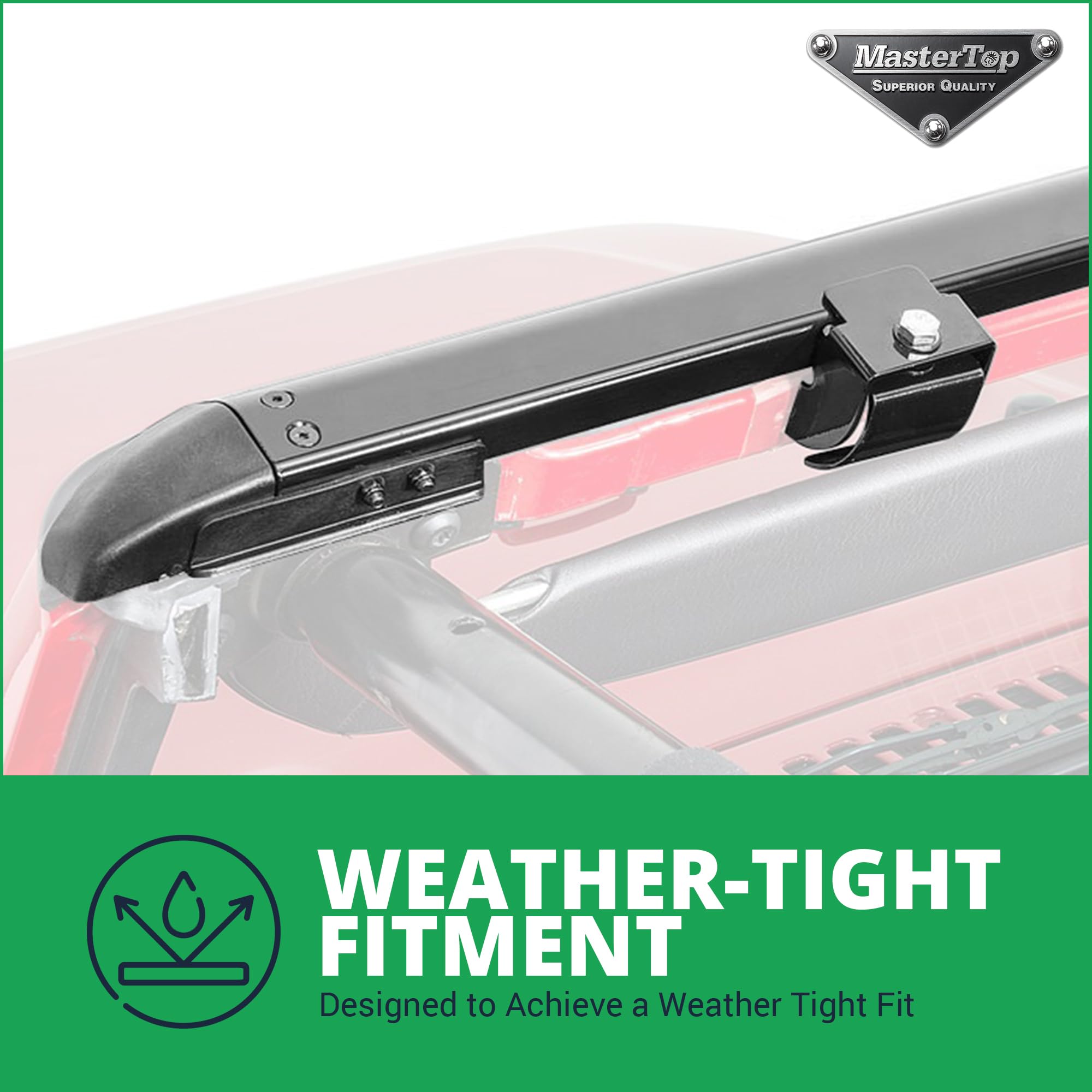 Durable black powder coat finish on MasterTop windshield header.