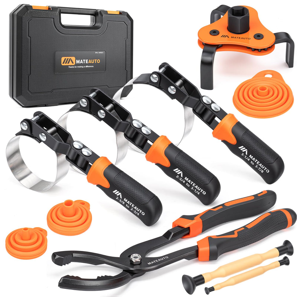 MateAuto 11-piece oil filter wrench set in storage case keeps tools organized for quick oil changes.