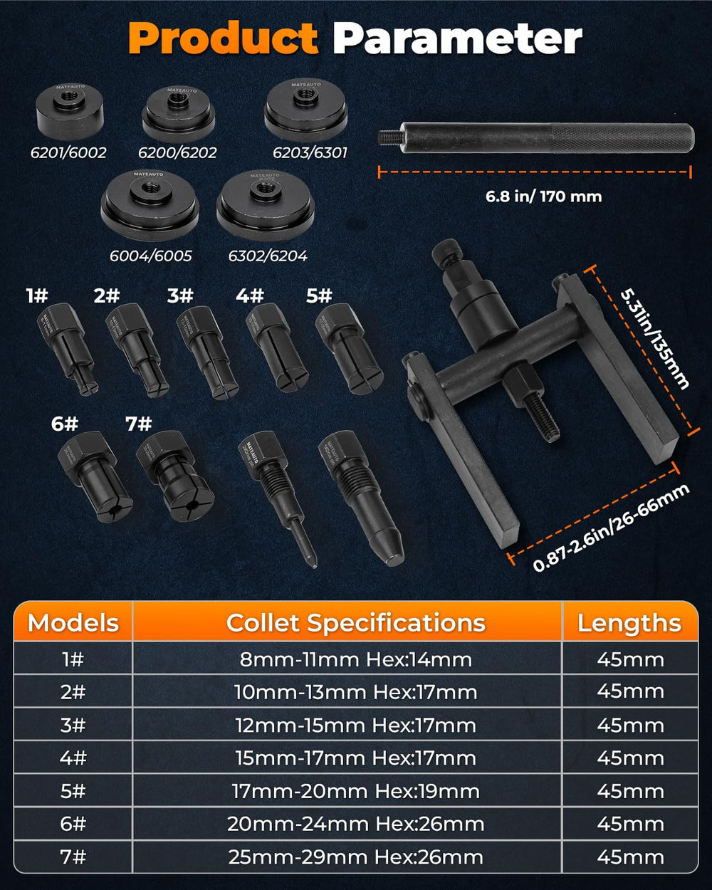 MateAuto bearing adapters for models 6203, 6201, 6202 for compatibility.