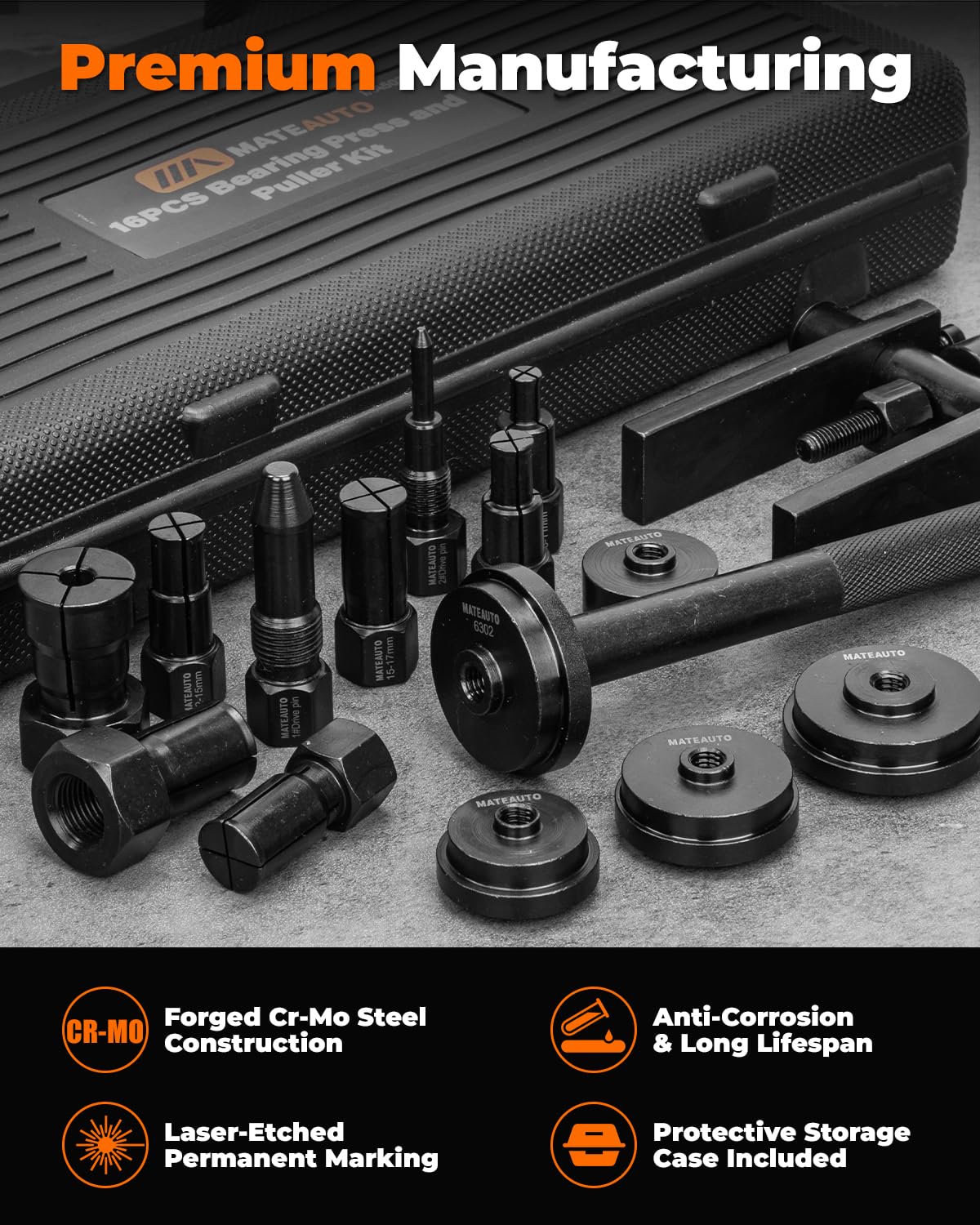 Durable carbon steel construction of MateAuto tools for tough jobs.