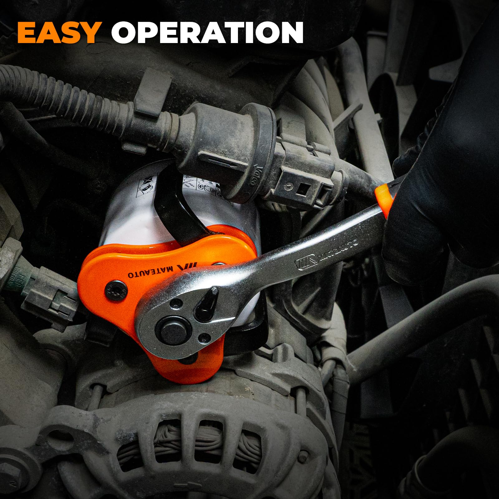 Gear-driven jaws provide strong grip on stubborn oil filters.