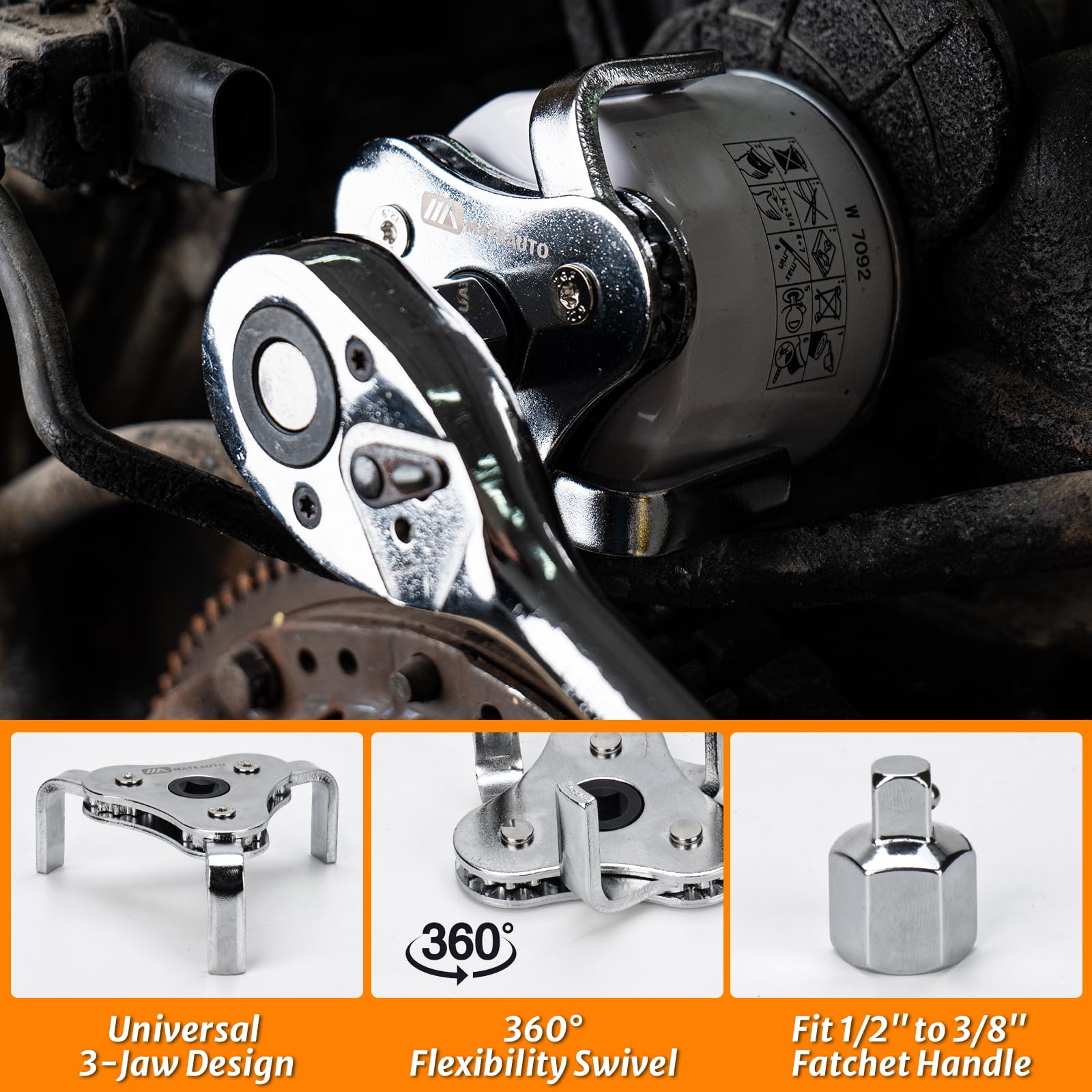 Adapter enables MateAuto wrenches to fit 3/8 or 1/2 drive ratchets.