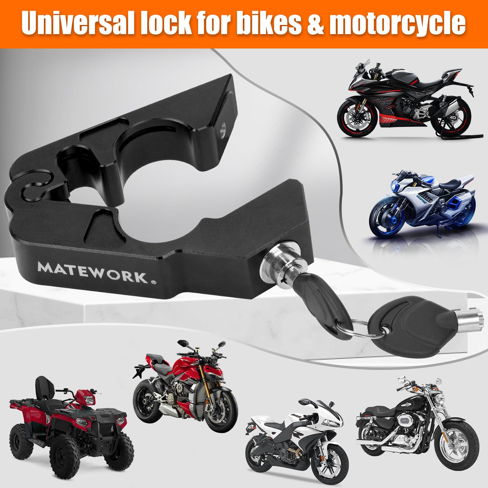 Matework anti-scratch pads protect handlebars and brakes during locking.